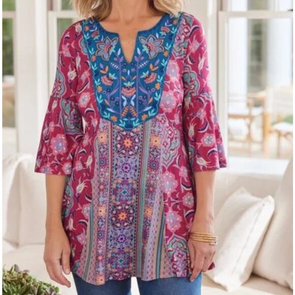 Soft Surroundings Aili Top Womens Large Fiery Fuchsia Blue Embroidered Tunic - Picture 1 of 11